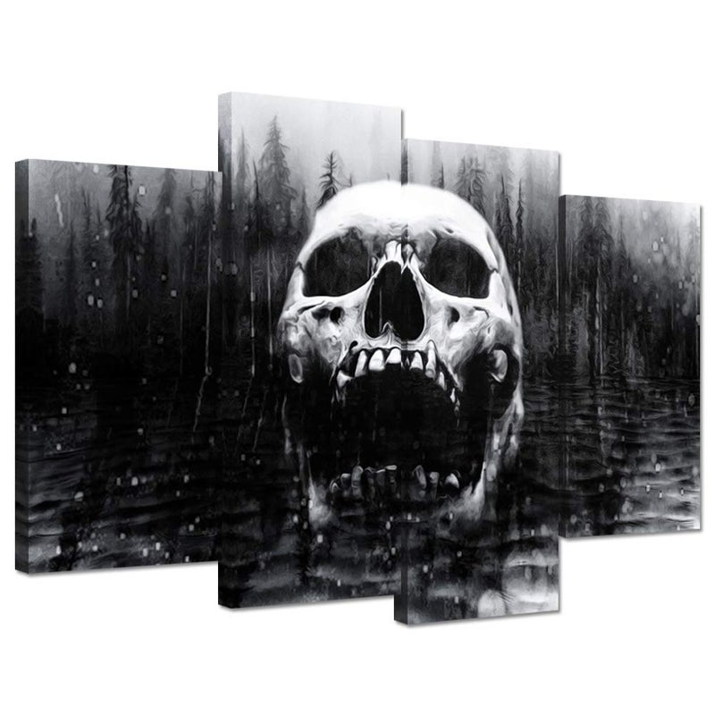 iHAPPYWALL Halloween Day of Dead Skull in Dark Foggy Lake Abstract Black and White Contemporary Picture Print 4 Panel Large Canavs for Modern Home Decoration Ready to Hang - Image 1